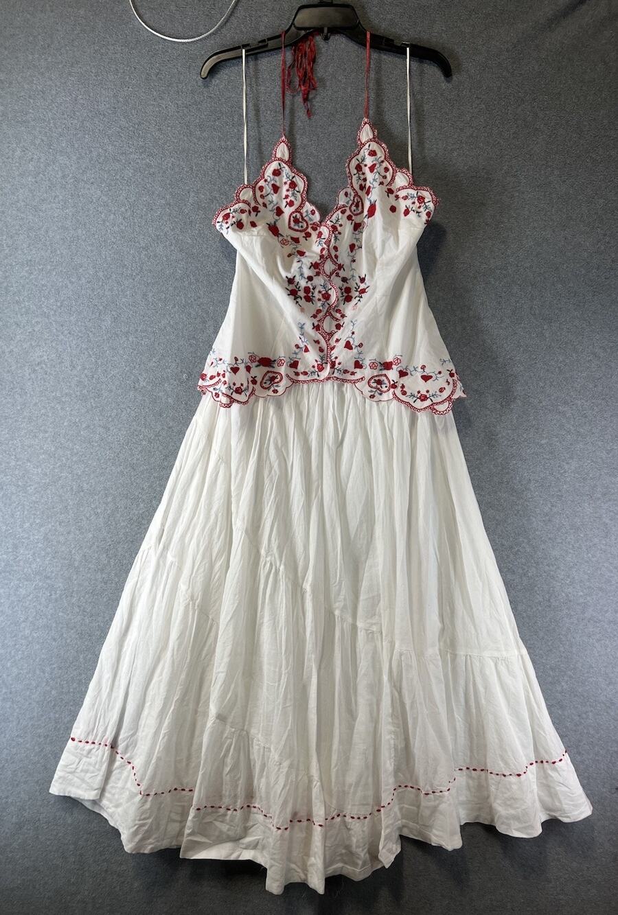 Free People White Midi Dress with Red Embroidered Scalloped Bodice